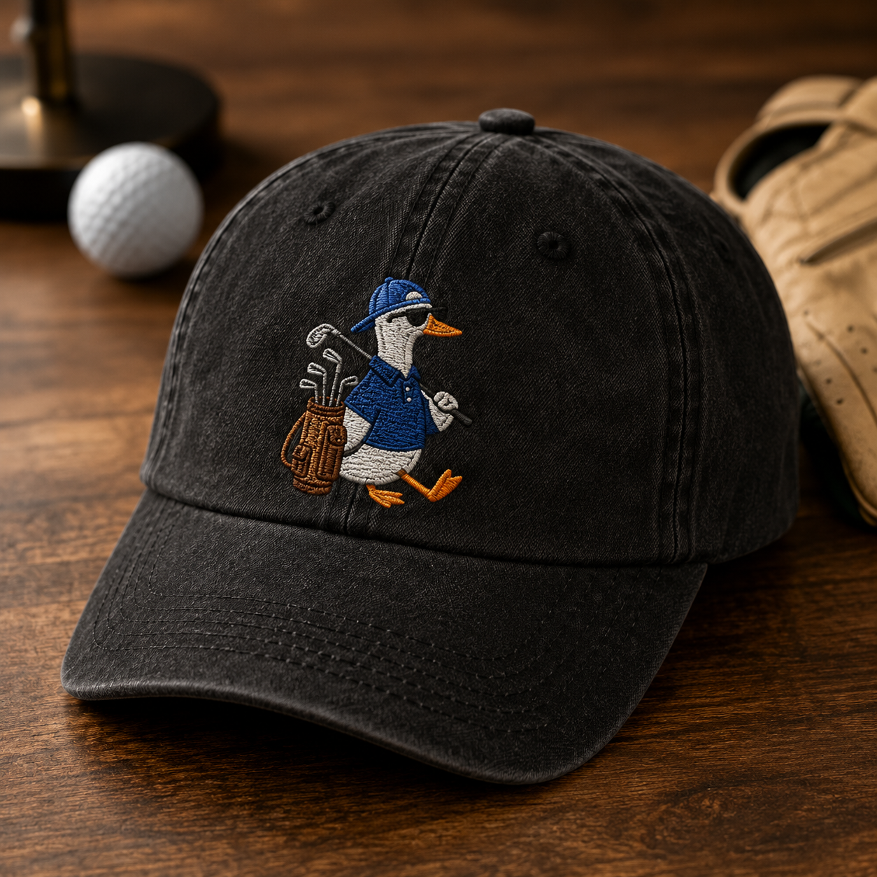 Golf Goose Washed Cap, Duck Golfer Embroidered Hat for Golf Lovers - Washed Cap - detail view