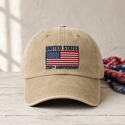 United States 250th Anniversary Washed Cap, Patriotic Flag Hat for America 250 Celebration - washed cap - front view