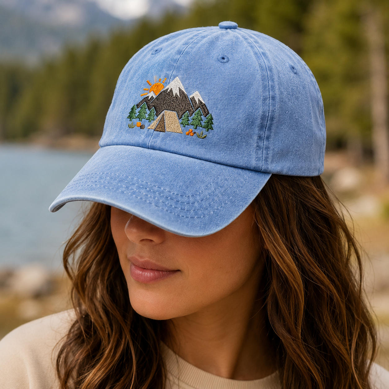 Mountain Camping Embroidered Washed Cap, Outdoor Adventure Hat - Washed Cap - lifestyle view 4