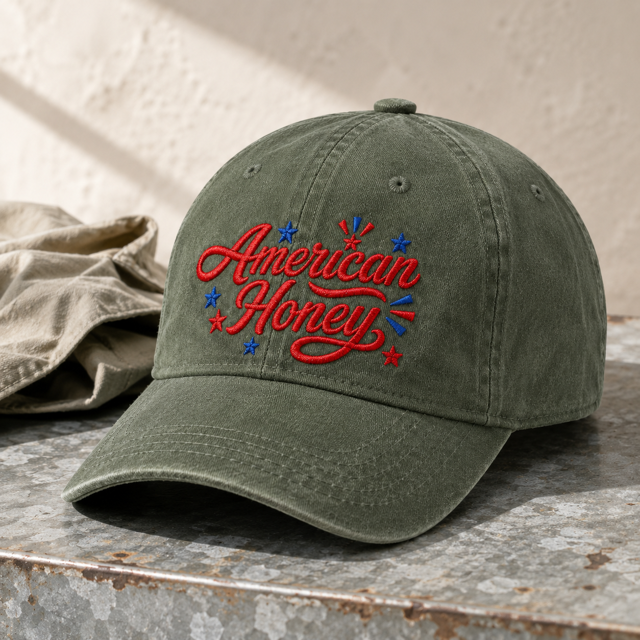 American Honey Washed Cap, Patriotic Embroidered Hat for 4th of July - washed cap - lifestyle view 4