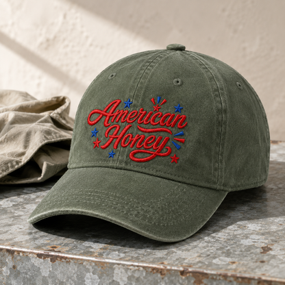 American Honey Washed Cap, Patriotic Embroidered Hat for 4th of July - washed cap - lifestyle view 4