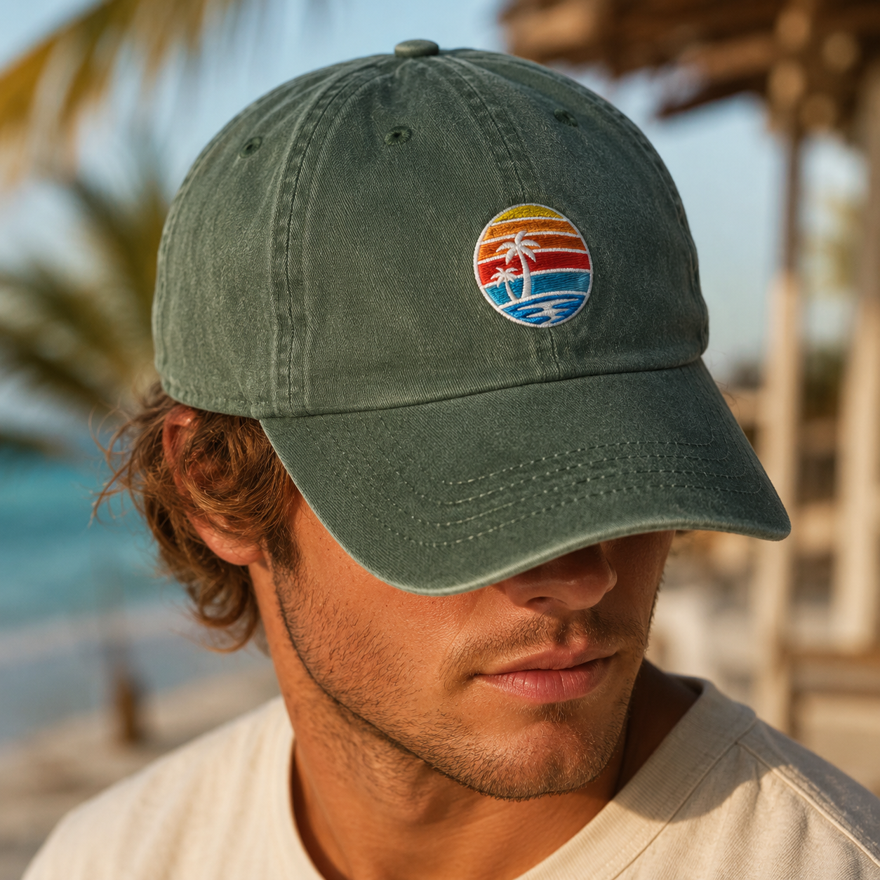 Tropical Sunset Palm Tree Washed Cap, Beach Vacation Hat for Coastal Summer Style - Washed Cap - lifestyle view 3