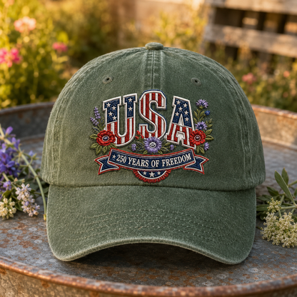 USA 250 Years of Freedom Washed Cap, Patriotic America Hat for 4th of July - washed cap - lifestyle view 5