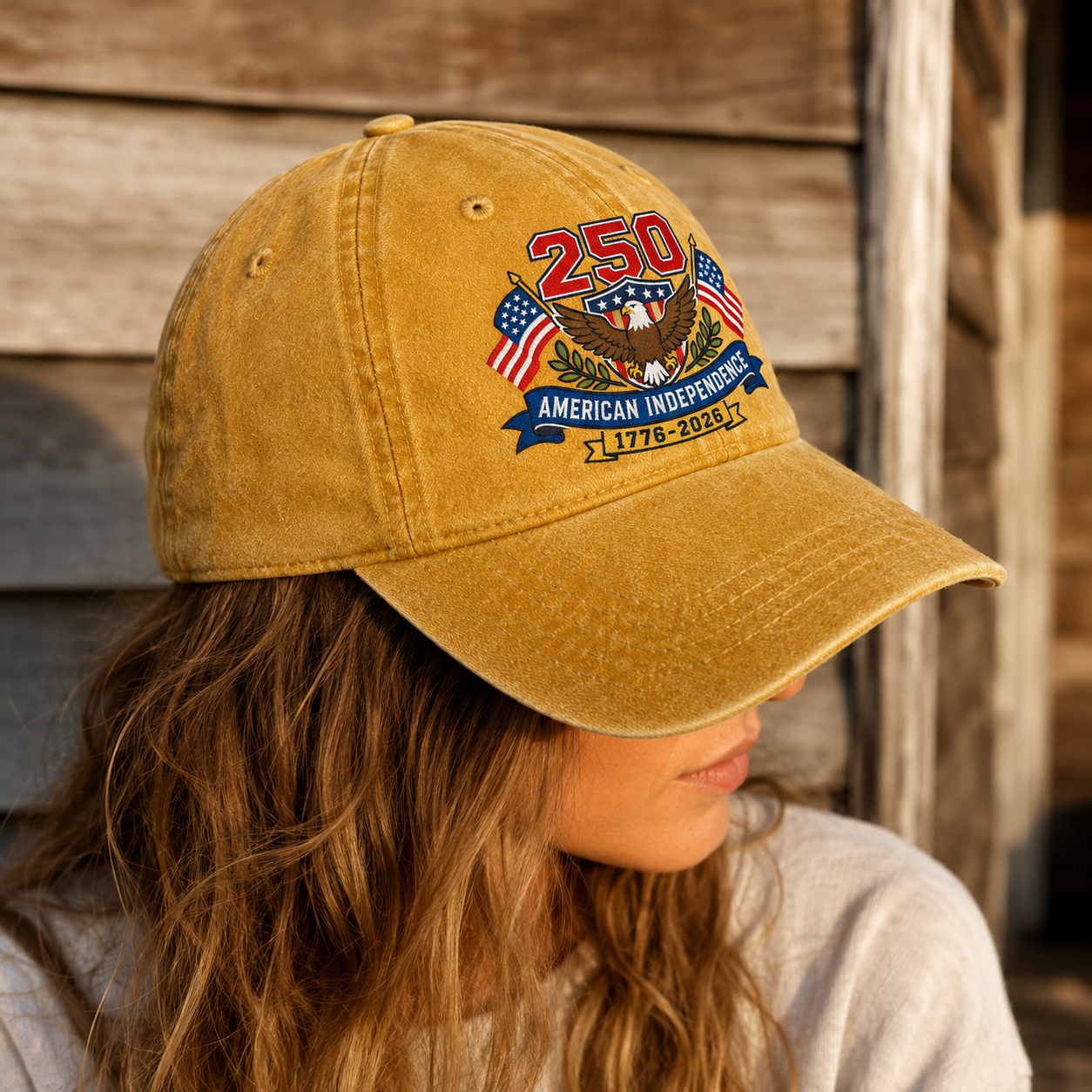 250 American Independence Washed Cap, 1776-2026 Patriotic Eagle USA Anniversary Hat - washed cap - lifestyle view 7