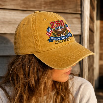 250 American Independence Washed Cap, 1776-2026 Patriotic Eagle USA Anniversary Hat - washed cap - lifestyle view 7