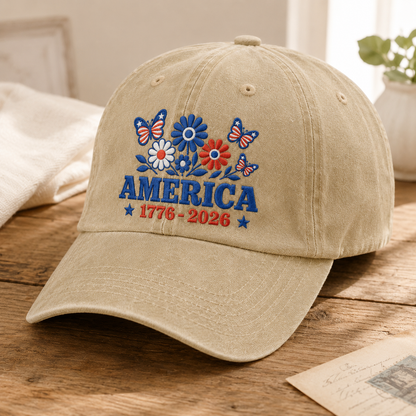America 1776-2026 Floral Washed Cap, Patriotic Butterfly Headwear - washed cap - lifestyle view 2