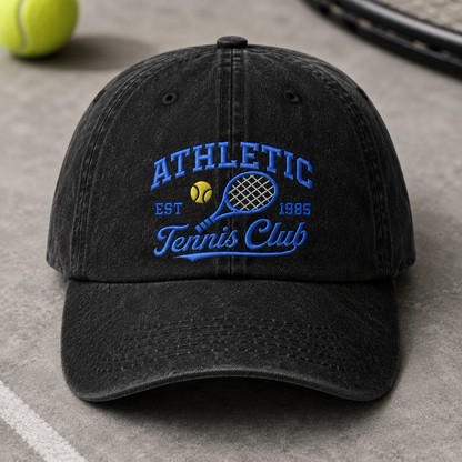 Athletic Tennis Club Washed Cap, Est 1985 Vintage Tennis Hat - Washed Cap - detail view