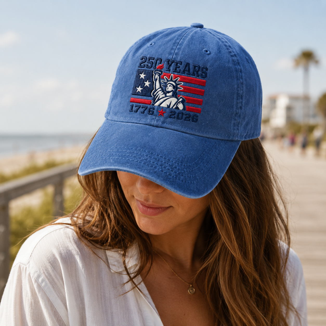 250 Years Washed Cap, 1776 2026 Statue of Liberty Patriotic Hat - washed cap - detail view