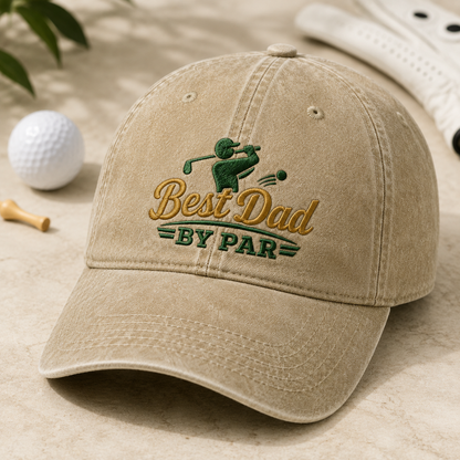 Best Dad By Par Golf Washed Cap, Funny Father's Day Dad Hat - Washed Cap - detail view