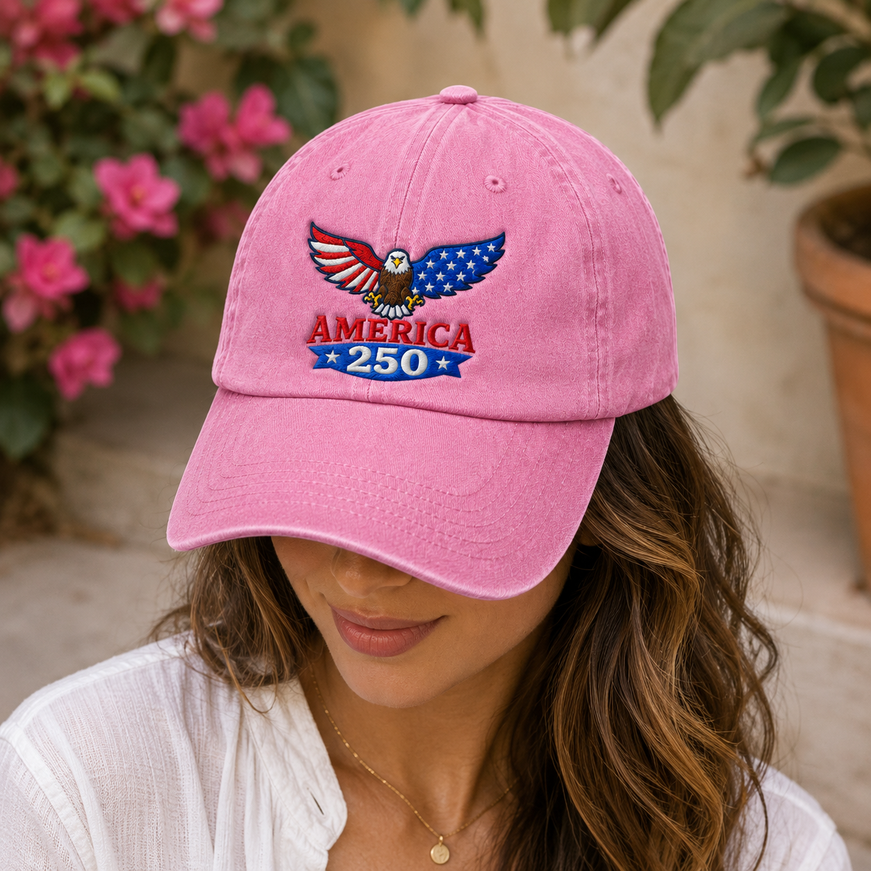 America 250 Eagle Washed Cap, Patriotic Bald Eagle 250th Anniversary Hat - washed cap - detail view