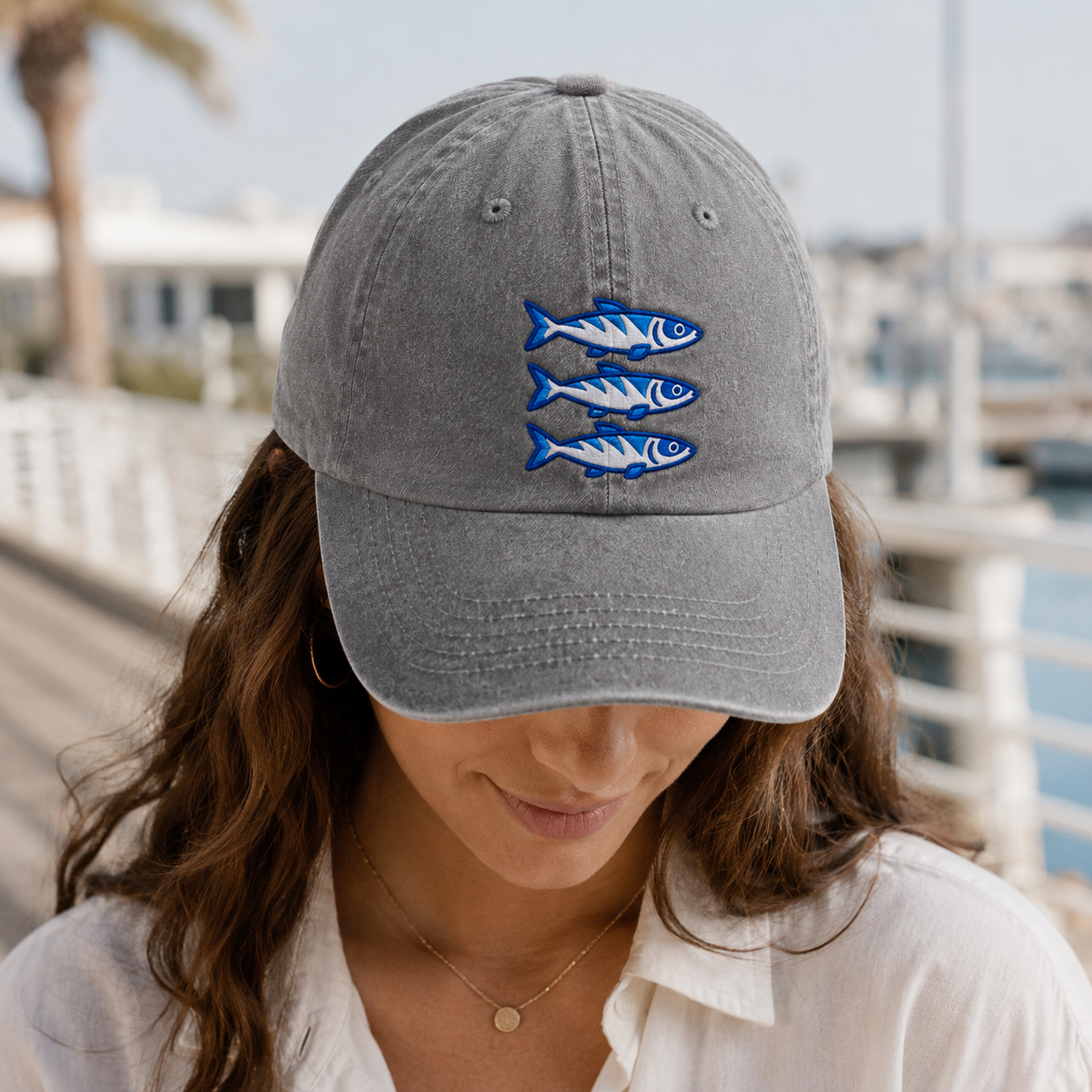 Three Blue Sardines Washed Cap, Embroidered Fish Hat for Seafood Lovers - Washed Cap - lifestyle view 6
