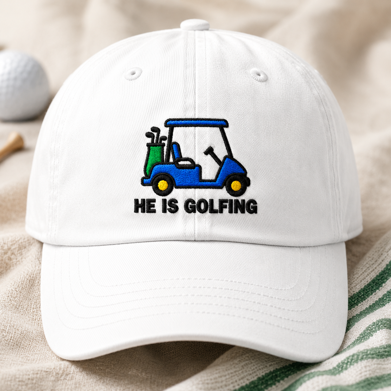He Is Golfing Washed Cap, Embroidered Blue Cart Hat for Dad - Washed Cap - lifestyle view 2