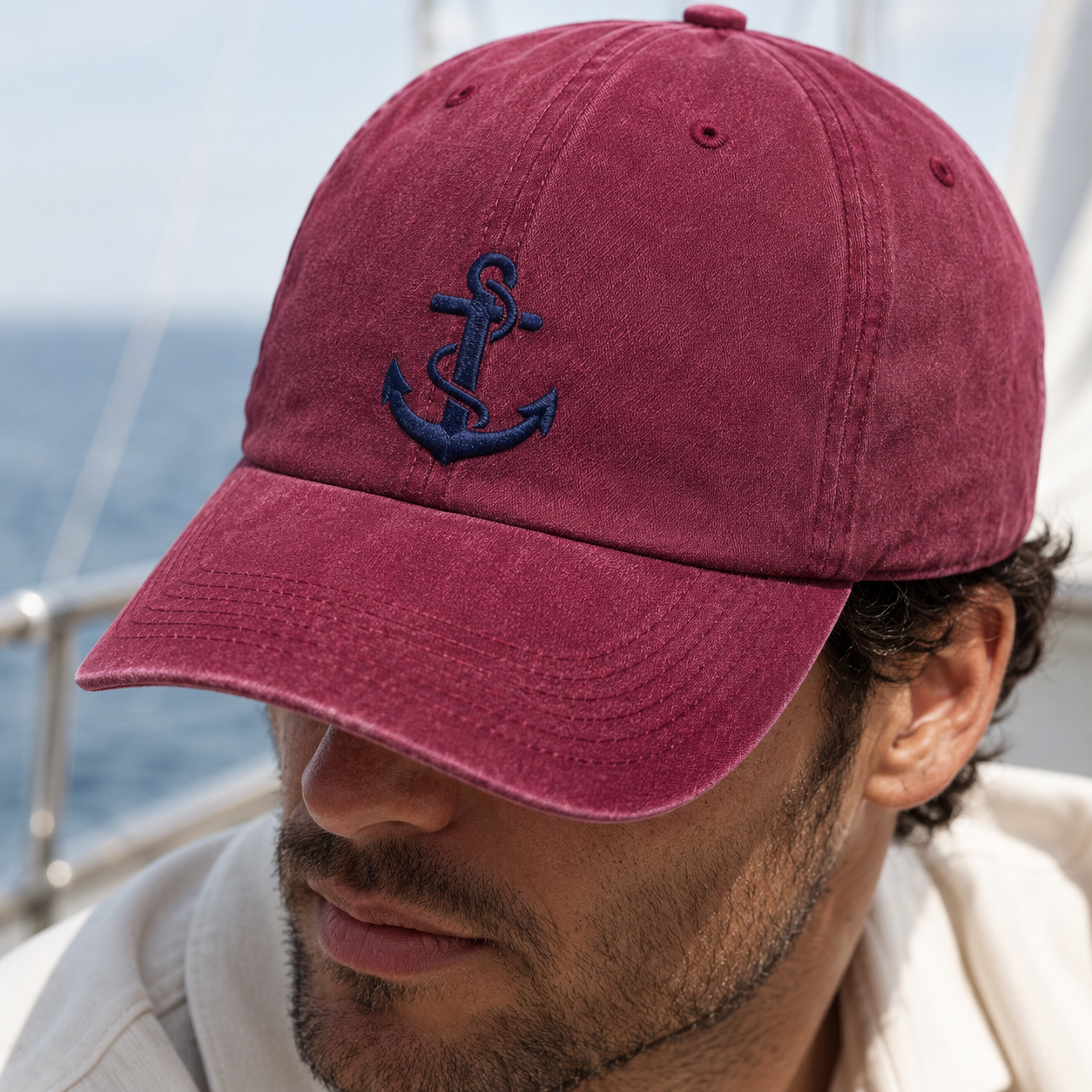 Nautical Anchor Washed Cap, Embroidered Sailor Hat for Boaters and Beach Days - Washed Cap - lifestyle view 3