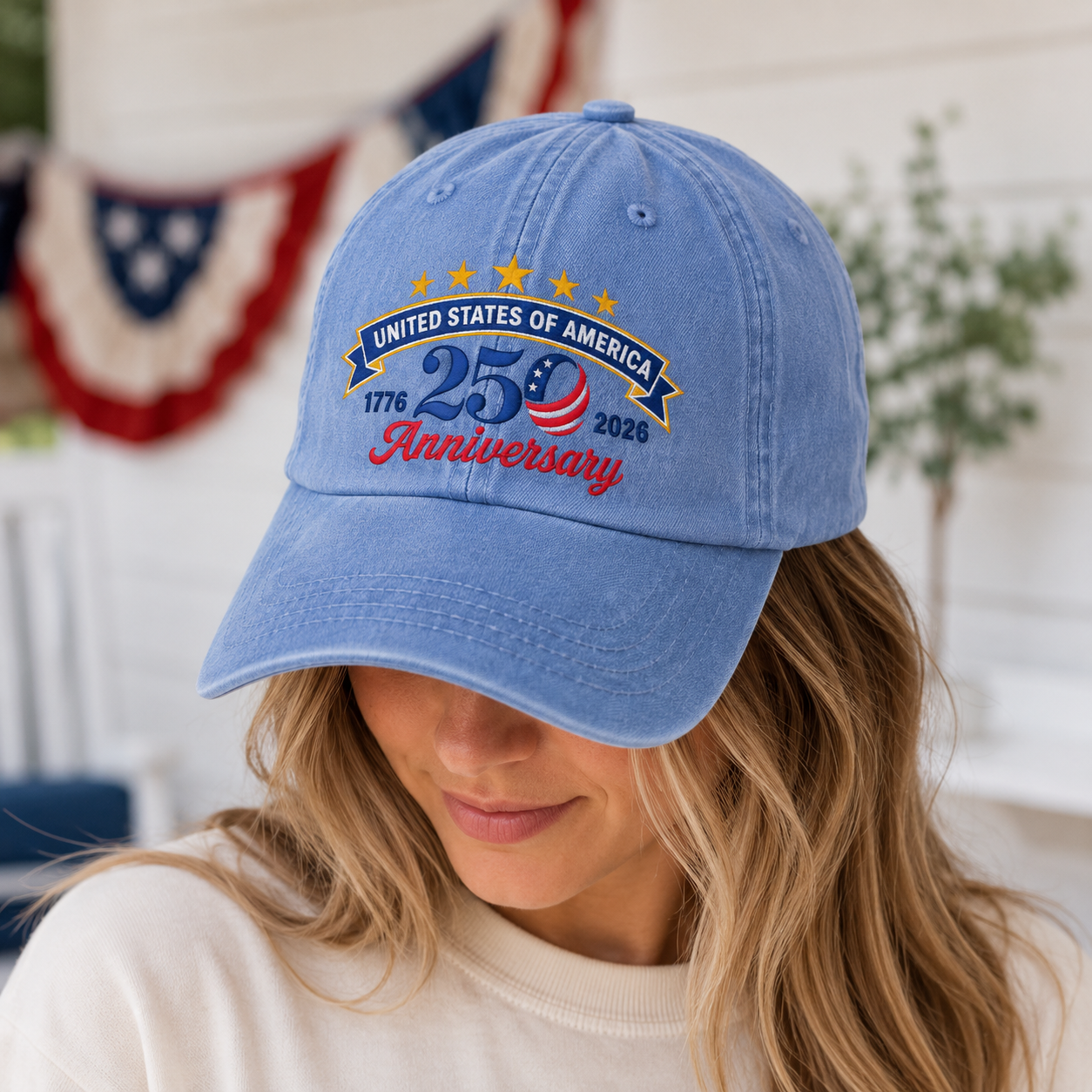 United States of America 250 Anniversary Washed Cap, 1776 2026 Patriotic Baseball Hat - washed cap - lifestyle view 8