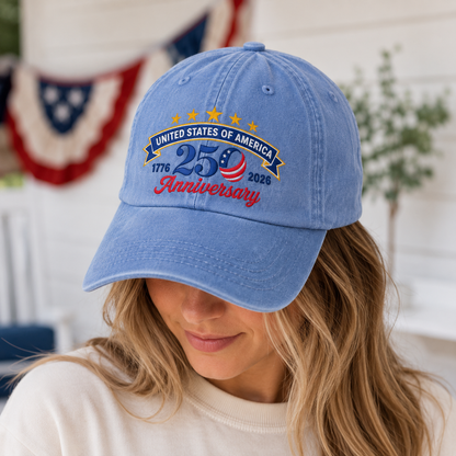United States of America 250 Anniversary Washed Cap, 1776 2026 Patriotic Baseball Hat - washed cap - lifestyle view 8