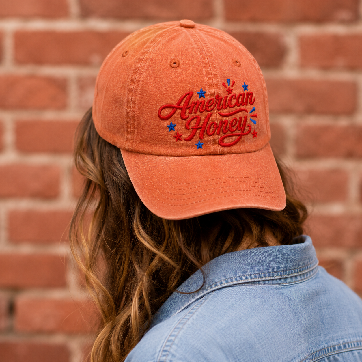 American Honey Washed Cap, Patriotic Embroidered Hat for 4th of July - washed cap - lifestyle view 8