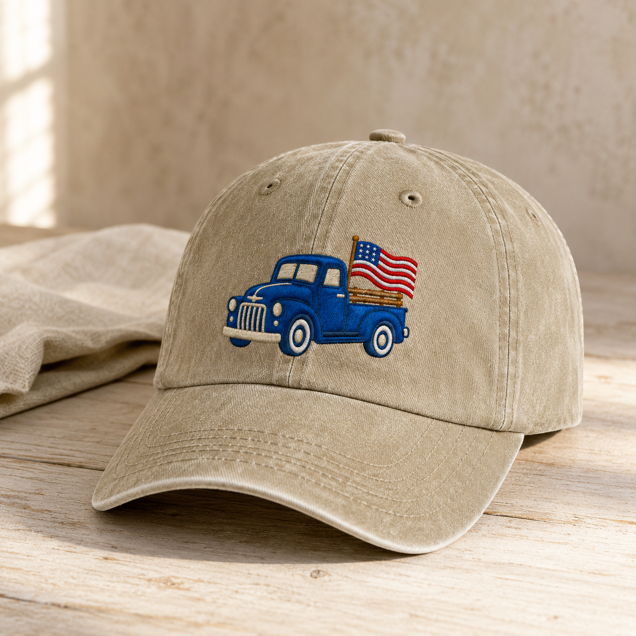 Blue Pickup Truck American Flag Washed Cap, Rustic July Fourth Dad Gift - washed cap - lifestyle view 2