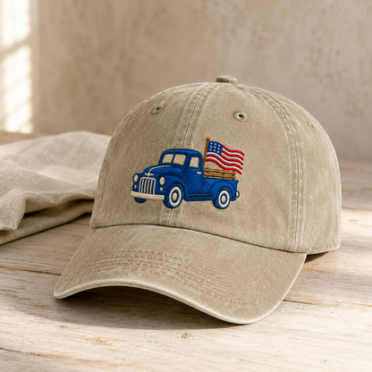 Blue Pickup Truck American Flag Washed Cap, Rustic July Fourth Dad Gift - washed cap - lifestyle view 2