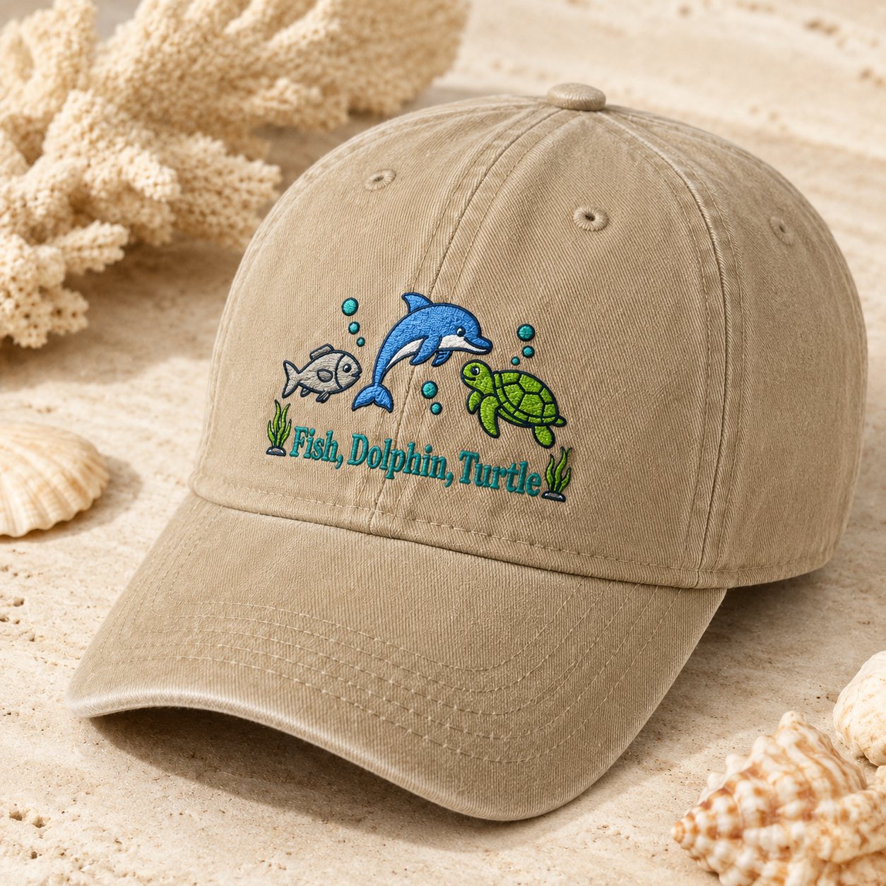 Fish, Dolphin, Turtle Washed Cap, Ocean Animal Embroidered Hat for Sea Life Lovers - Washed Cap - detail view