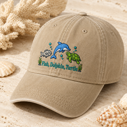Fish, Dolphin, Turtle Washed Cap, Ocean Animal Embroidered Hat for Sea Life Lovers - Washed Cap - detail view