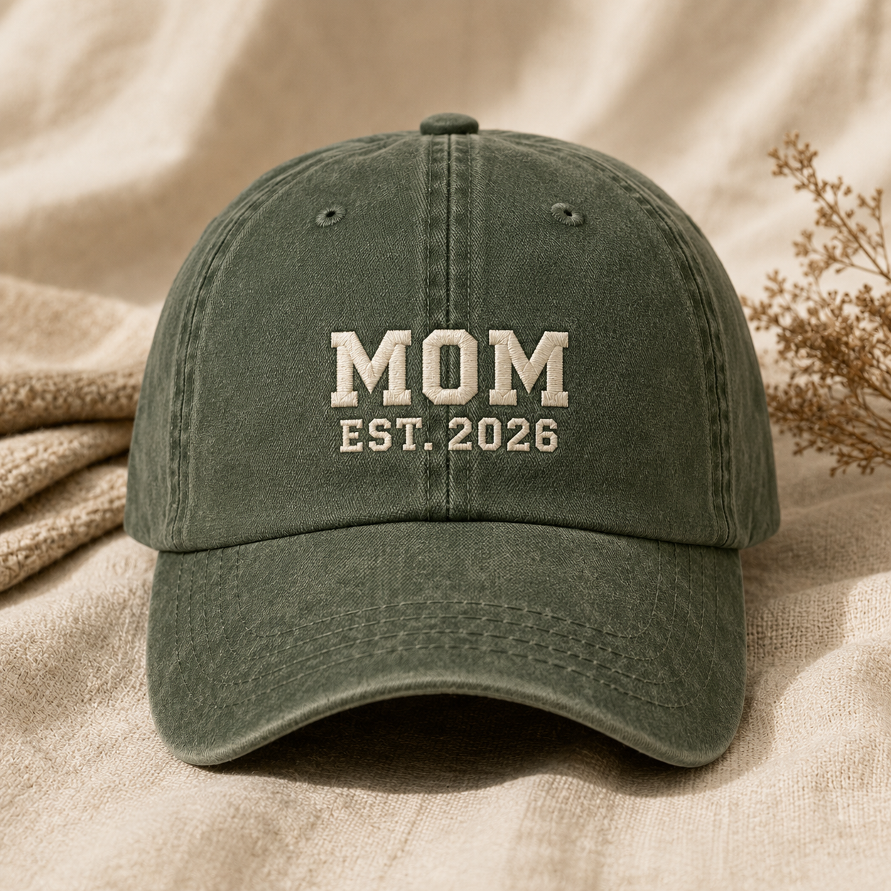 Mom Est. 2026 Washed Cap, New Mom Embroidered Hat, Pregnancy Announcement Gift - Washed Cap - lifestyle view 2