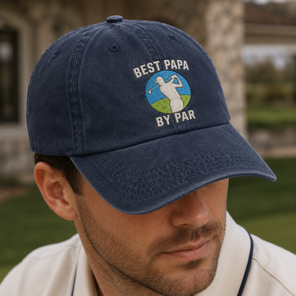 Golf Papa Washed Cap, Fathers Day Golfer Hat with Best Papa By Par Embroidery - Washed Cap - lifestyle view 3