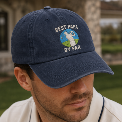 Golf Papa Washed Cap, Fathers Day Golfer Hat with Best Papa By Par Embroidery - Washed Cap - lifestyle view 3