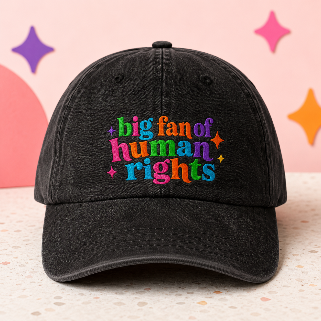 Big Fan of Human Rights Washed Cap, Colorful Embroidered Activist Hat - Washed Cap - detail view