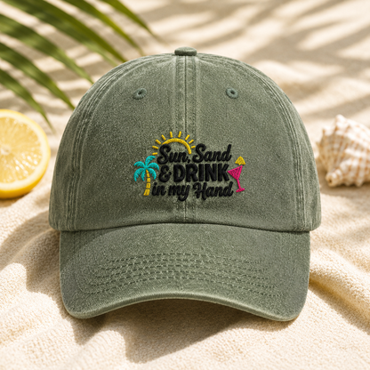 Sun Sand & Drink in my Hand Washed Cap, Beach Vacation Cocktail Hat - Washed Cap - lifestyle view 2