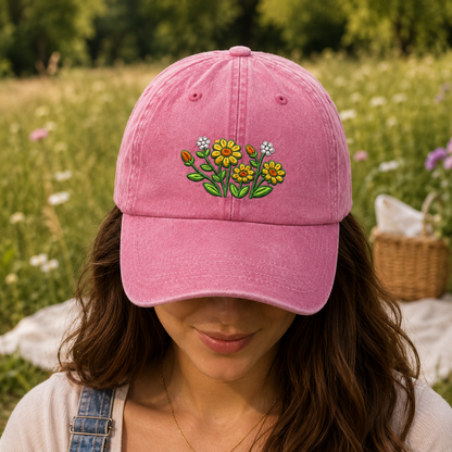 Daisy Wildflower Embroidered Washed Cap, Botanical Garden Gift - washed cap - detail view
