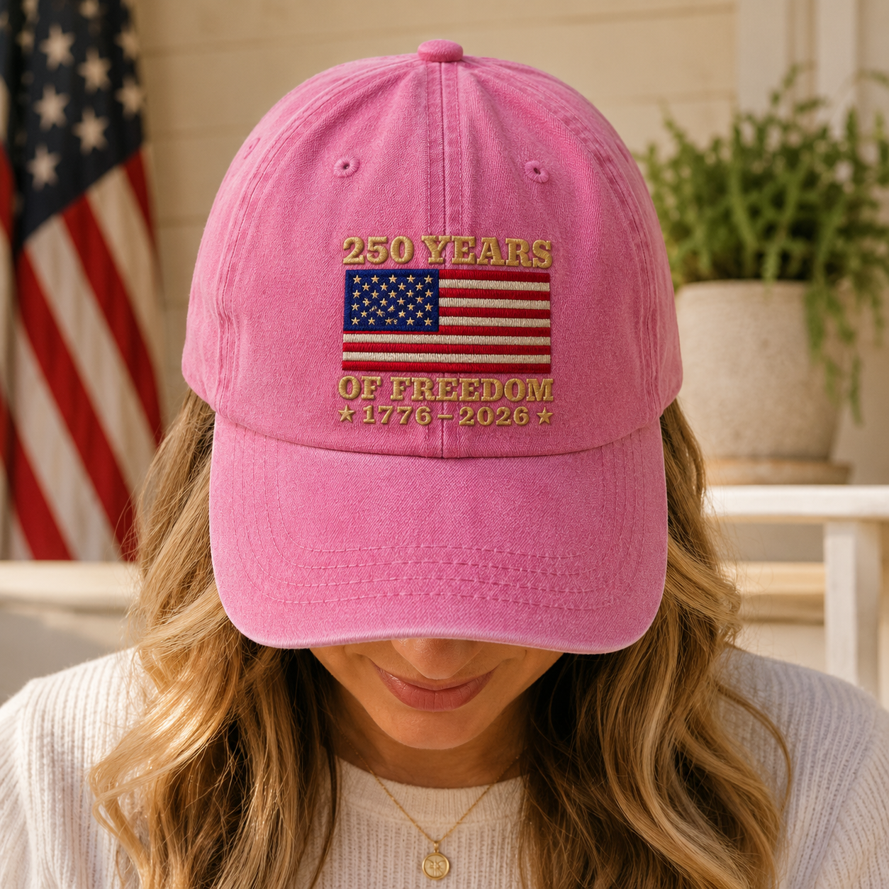 250 Years of Freedom Washed Cap, 1776-2026 American Flag 250th Anniversary Hat - washed cap - detail view