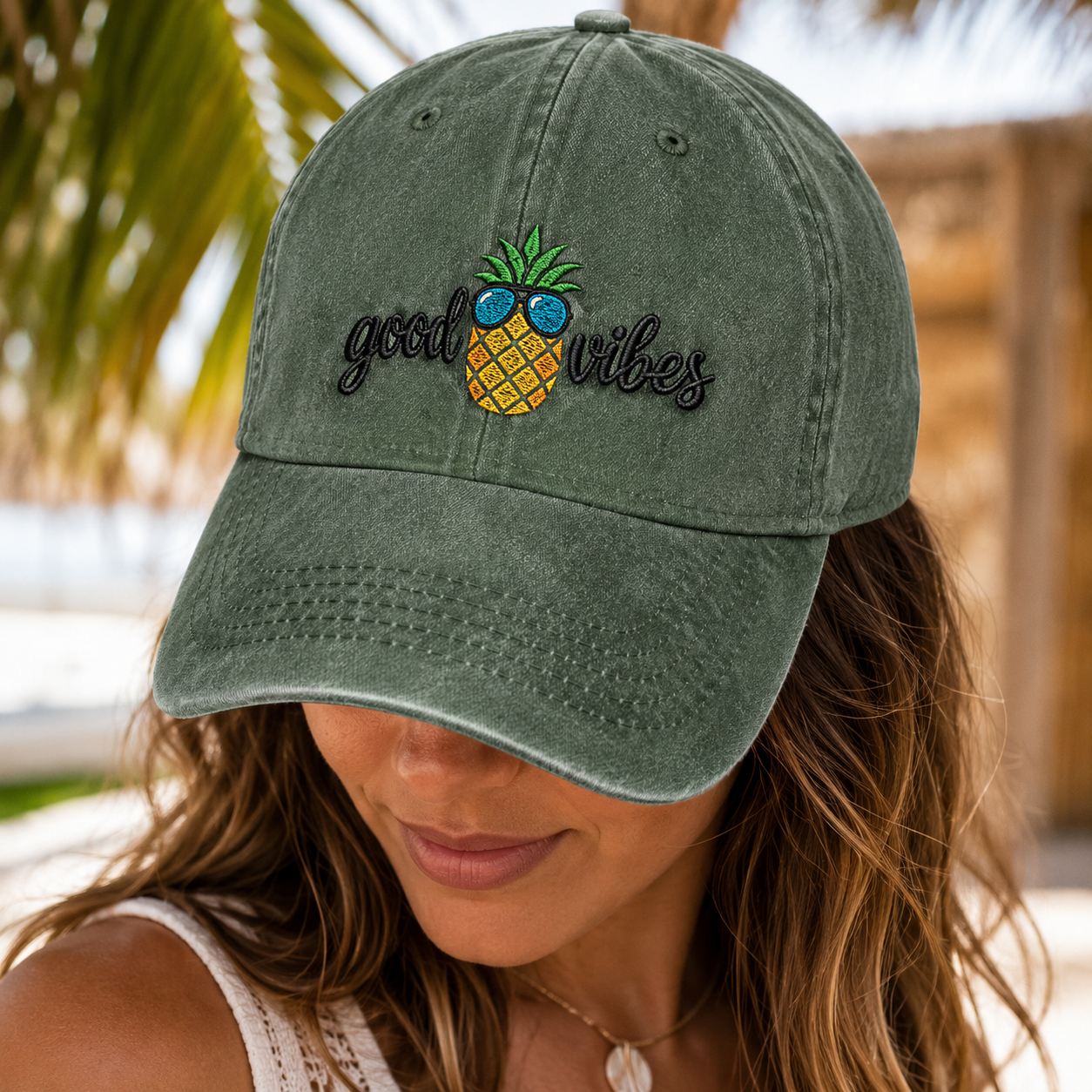 Good Vibes Pineapple Washed Cap, Tropical Vacation Hat - Washed Cap - lifestyle view 3
