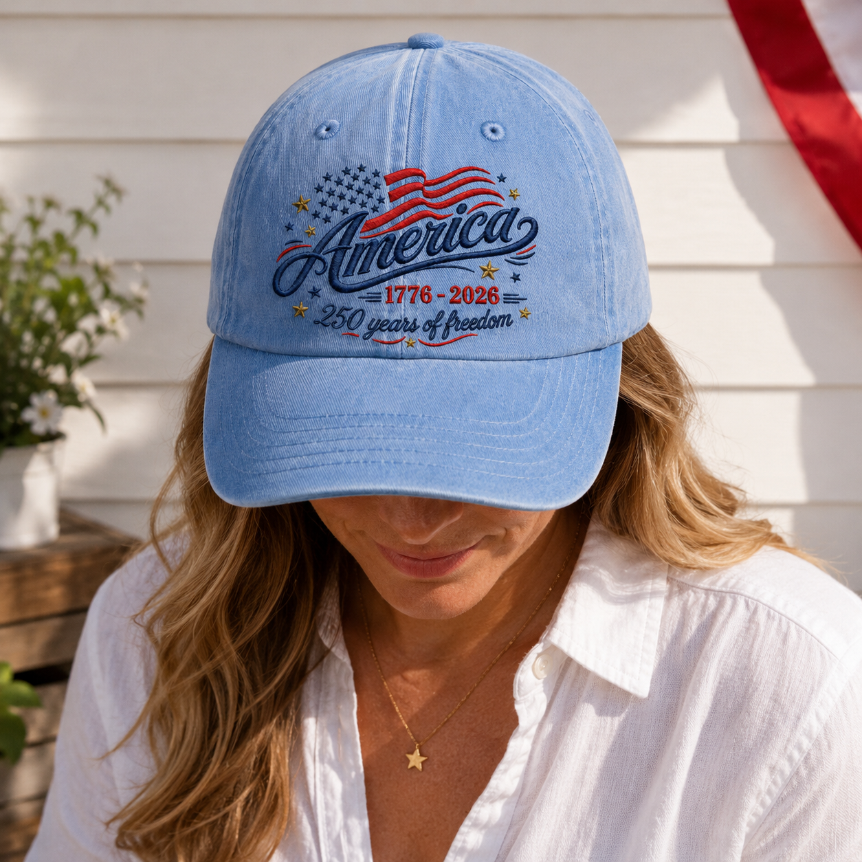 America 1776-2026 250 Years of Freedom Washed Cap, Patriotic USA Anniversary Hat - washed cap - detail view