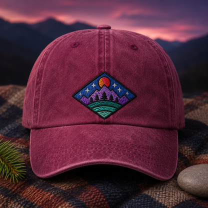 Mountain Sunset Embroidered Washed Cap, Outdoor Adventure Baseball Hat - Washed Cap - lifestyle view 2