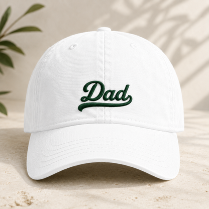 Dad Embroidered Washed Cap, Green Script Father's Day Hat - Washed Cap - detail view