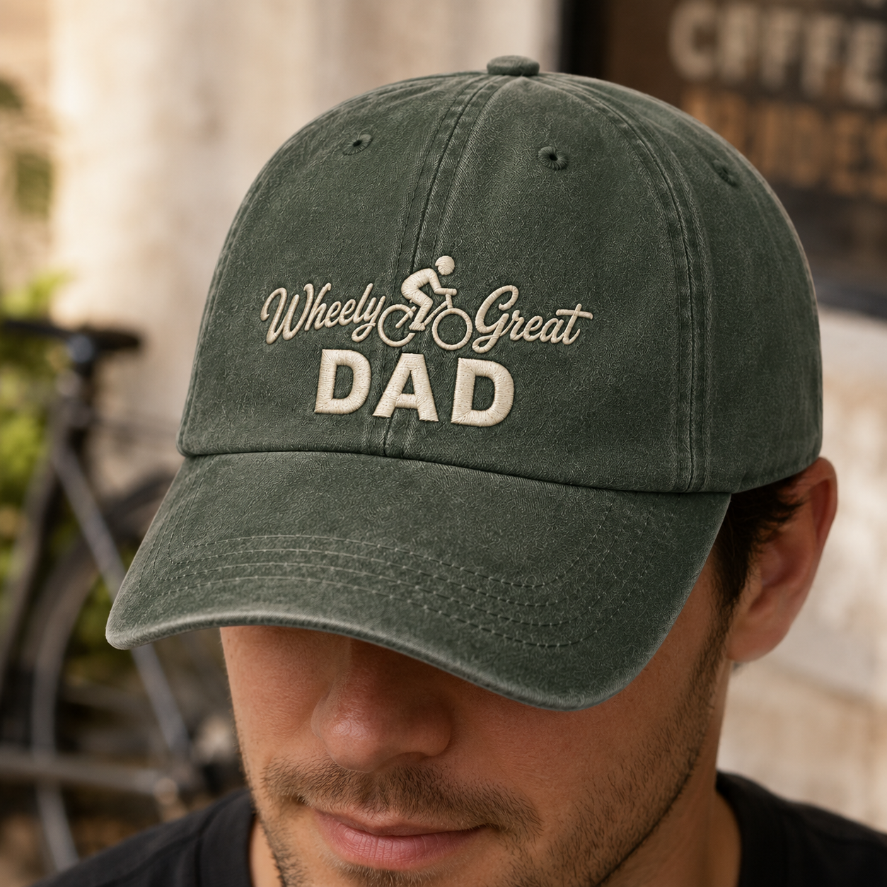 Wheely Great Dad Washed Cap, Funny Cycling Father Gift - Washed Cap - lifestyle view 3