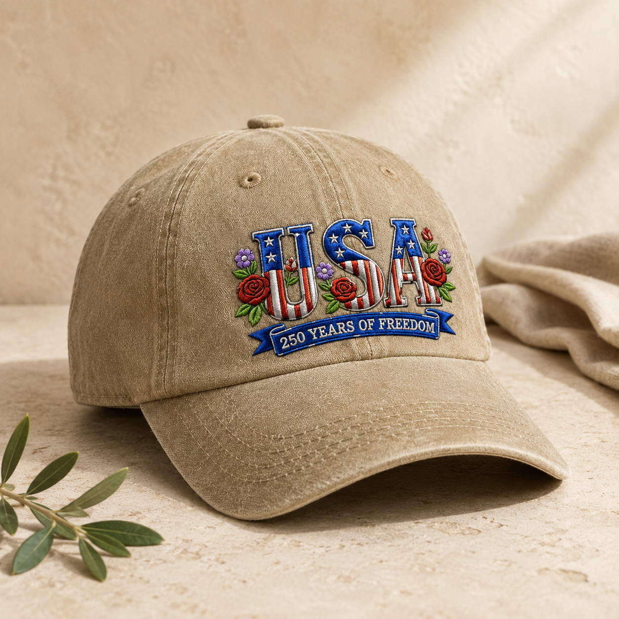 USA 250 Years of Freedom Washed Cap, Patriotic Embroidered Hat - washed cap - lifestyle view 2