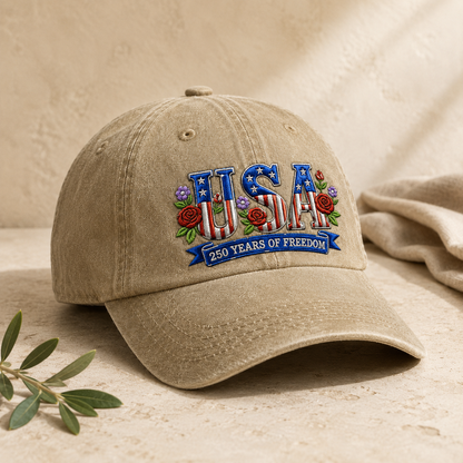 USA 250 Years of Freedom Washed Cap, Patriotic Embroidered Hat - washed cap - lifestyle view 2