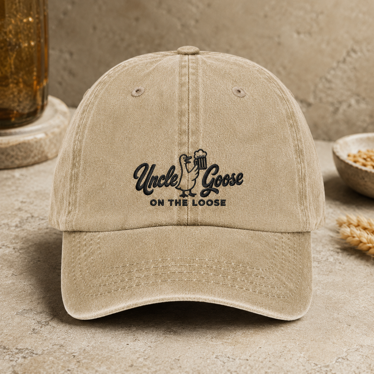 Uncle Goose On The Loose Washed Cap, Funny Beer Drinking Goose Hat - Washed Cap - detail view