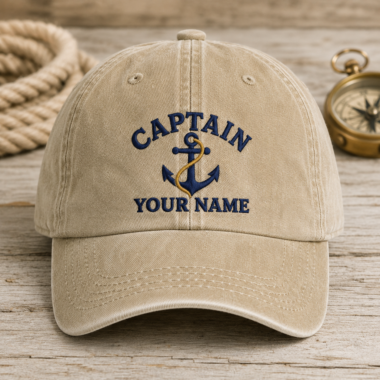 Captain Your Name Hat, Nautical Anchor Baseball Cap - Washed Cap - front view