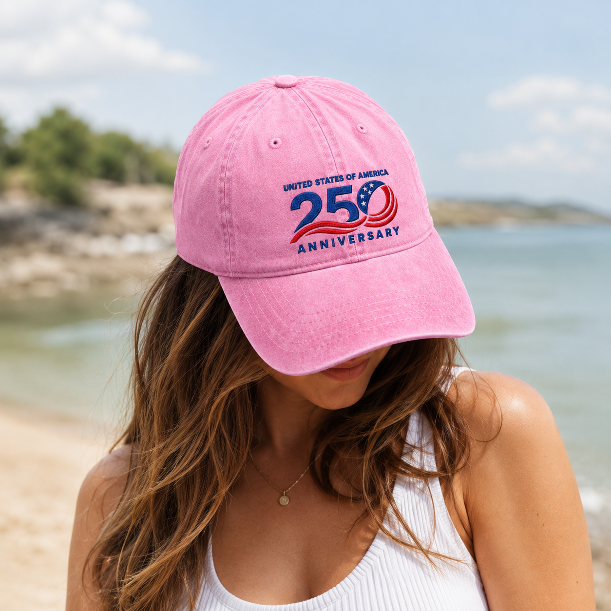United States of America 250 Anniversary Washed Cap, Patriotic 1776-2026 Baseball Hat - washed cap - detail view
