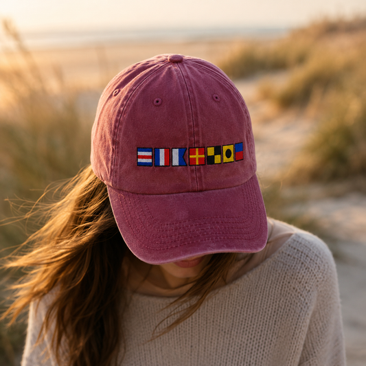 Nautical Signal Flag Washed Cap, Maritime Code Embroidered Hat for Sailors - washed cap - detail view