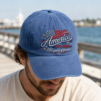 America 1776-2026 250 Years of Freedom Washed Cap, Patriotic USA Anniversary Hat - washed cap - lifestyle view 9