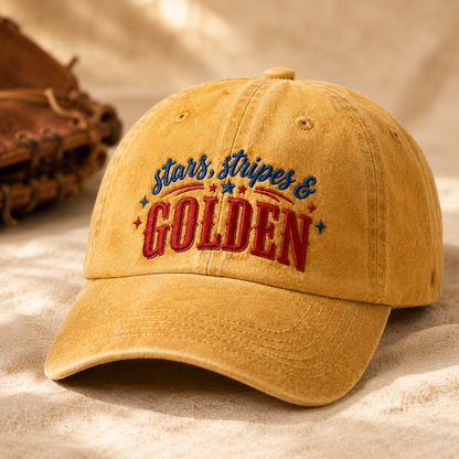 Stars, Stripes & Golden Washed Cap, Patriotic Baseball Hat - washed cap - lifestyle view 5