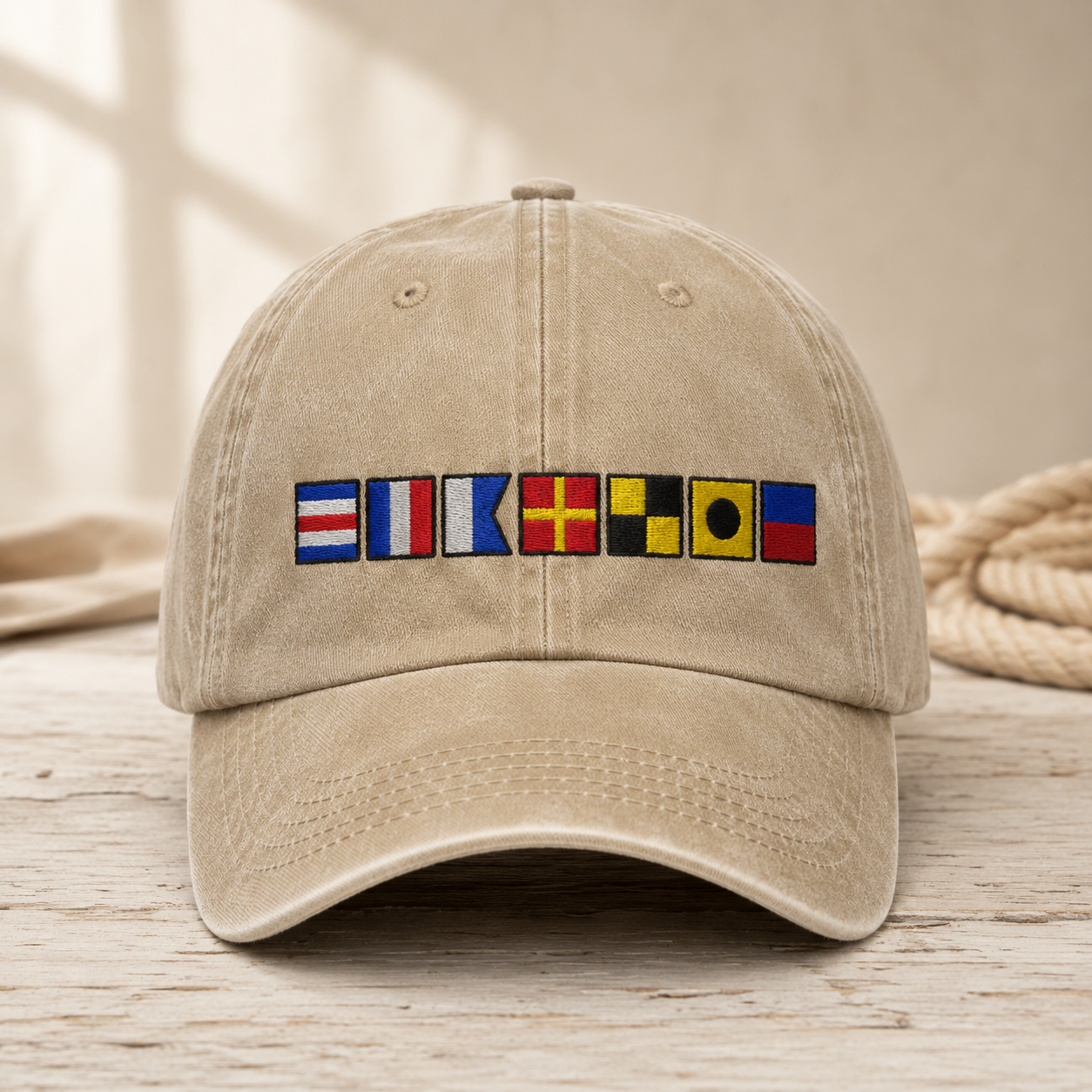 Nautical Signal Flag Washed Cap, Maritime Code Embroidered Hat for Sailors - washed cap - front view