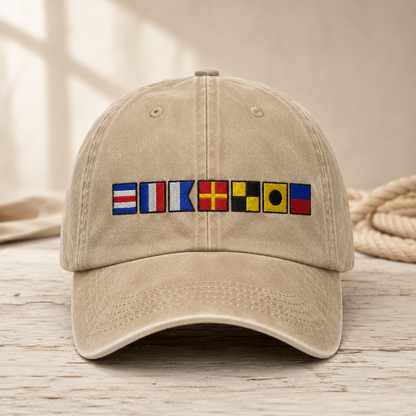 Nautical Signal Flag Washed Cap, Maritime Code Embroidered Hat for Sailors - washed cap - front view