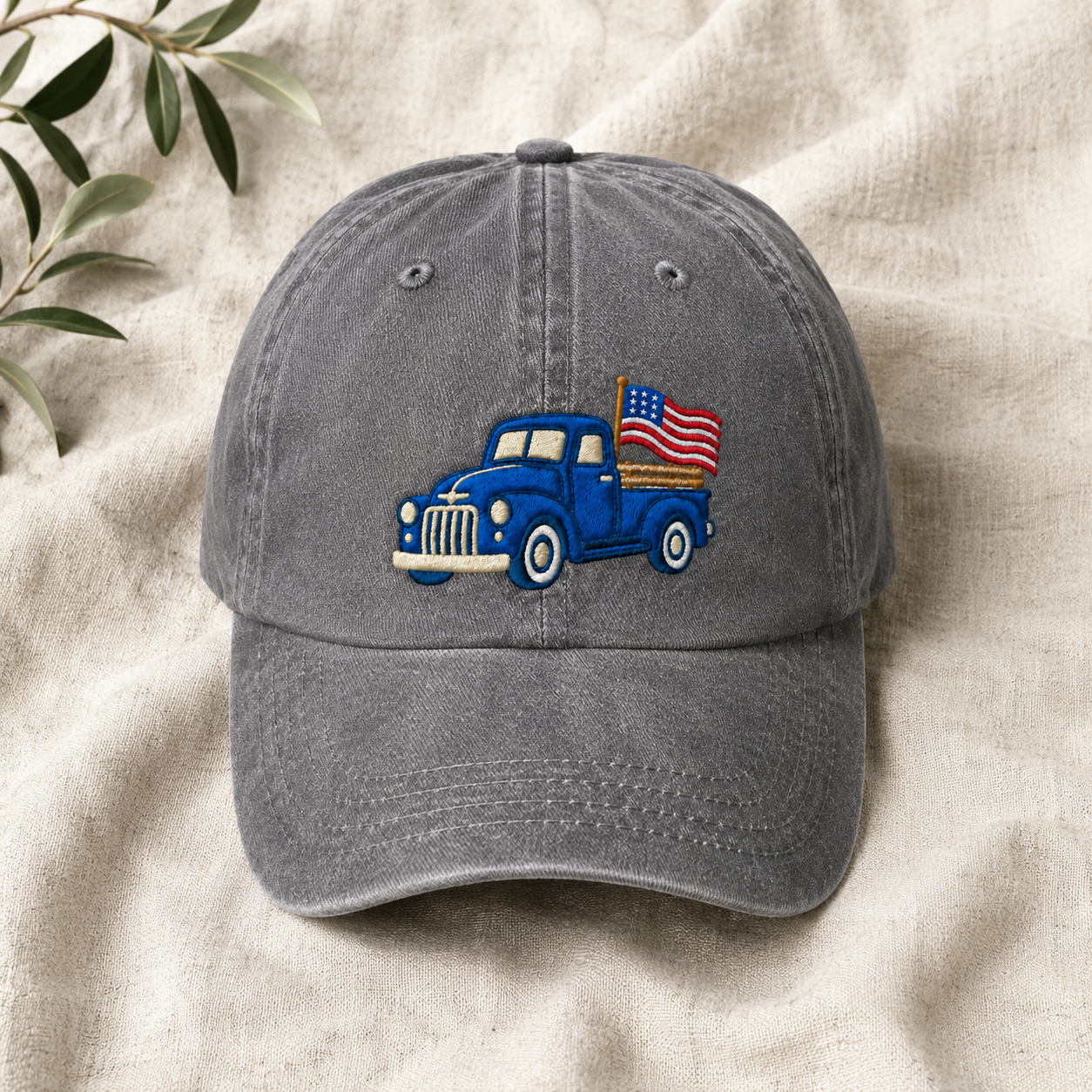 Blue Pickup Truck American Flag Washed Cap, Rustic July Fourth Dad Gift - washed cap - lifestyle view 4