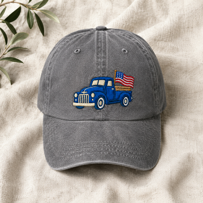 Blue Pickup Truck American Flag Washed Cap, Rustic July Fourth Dad Gift - washed cap - lifestyle view 4