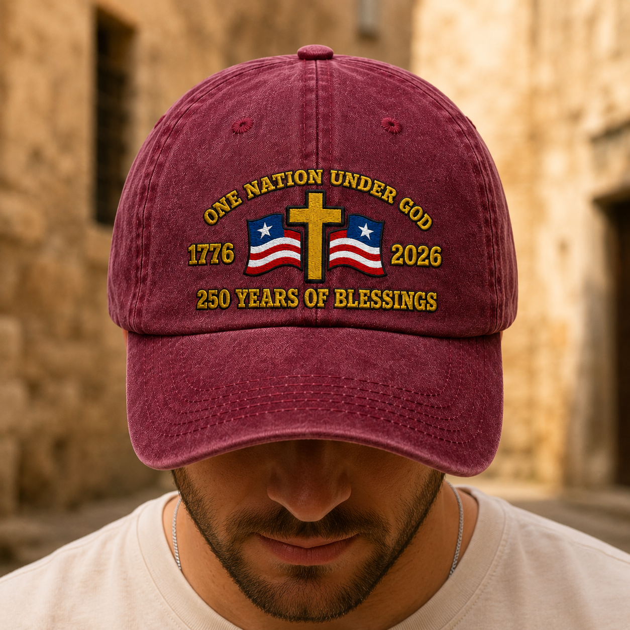 One Nation Under God Washed Cap, 1776 2026 250 Years of Blessings Patriotic Christian Hat - washed cap - lifestyle view 6