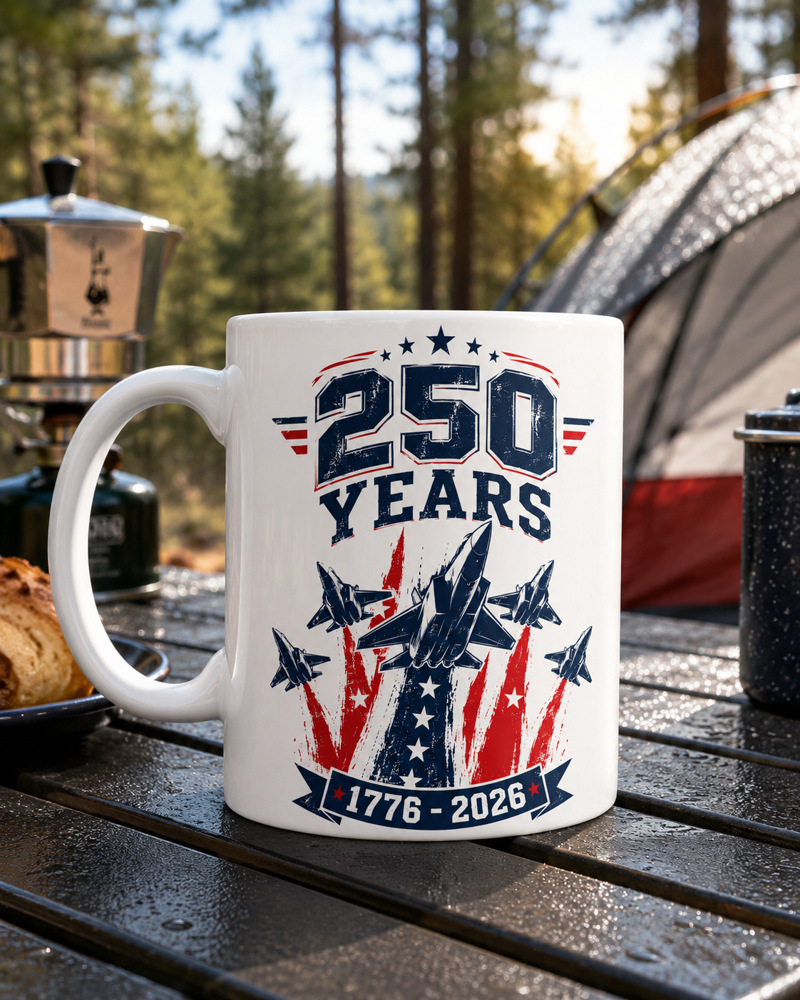 250 Years Coffee Mug, 1776-2026 Patriotic Fighter Jet Ceramic Cup - Mug - lifestyle view 9
